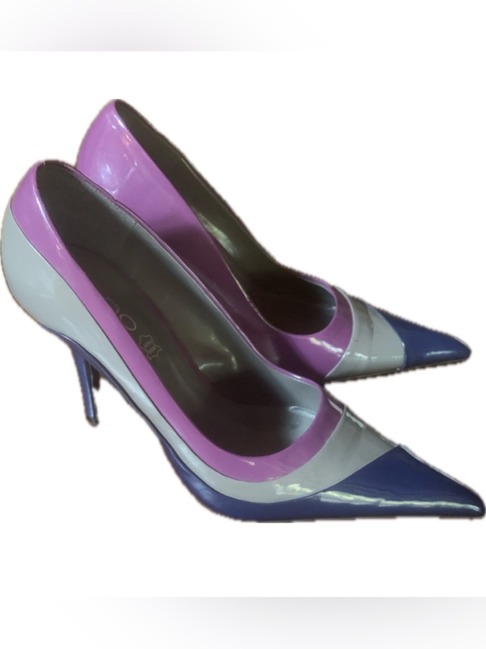 ALDO Patent Leather Colorblock Stiletto Pumps Purple Gray Pointed Toe Size 39